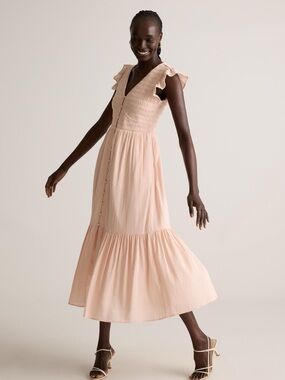 Quince Organic Textured Cotton Smocked V-Neck Midi Dress in Light Pink
